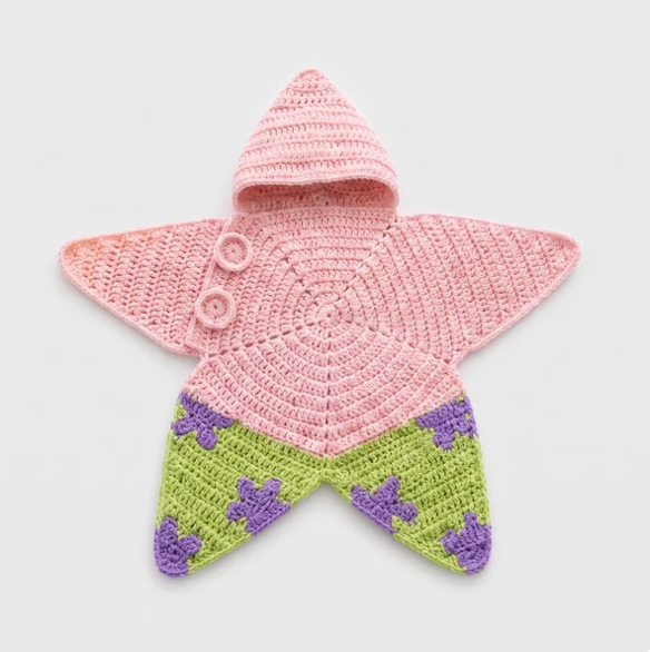 Tiny Starlet Snuggle Star in Patrick - pink hooded crochet star baby outfit with green and purple patterned legs, laid flat