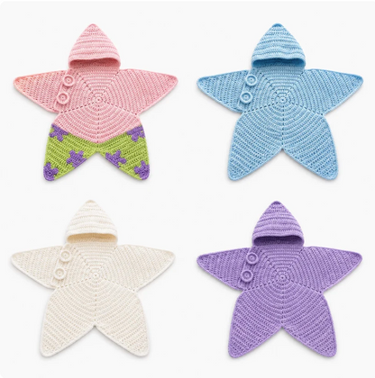 Four Tiny Starlet crochet star baby outfits shown together in Pink Sugar with Patrick detailing, Sky Blue, Creamy Milk and Lavender