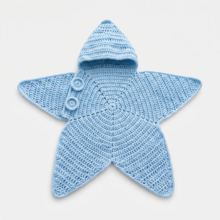 Tiny Starlet Snuggle Star in Sky Blue - hooded crochet star baby outfit with button fastening, laid flat