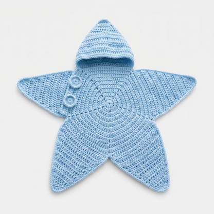 Tiny Starlet Snuggle Star in Sky Blue - hooded crochet star baby outfit with button fastening, laid flat