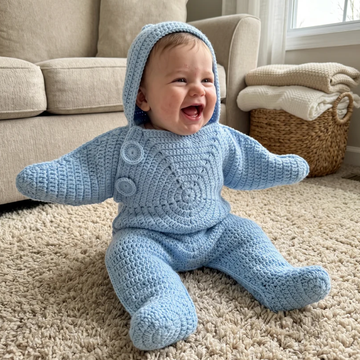Smiling baby wearing the Tiny Starlet Snuggle Star in Sky Blue, sitting on a cream rug at home