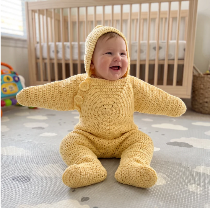 Laughing baby wearing the Tiny Starlet Snuggle Star in Sun Yellow, sitting in a nursery beside a cot