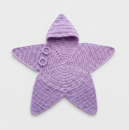 Tiny Starlet Snuggle Star in Lavender - hooded crochet star baby outfit with button fastening, laid flat