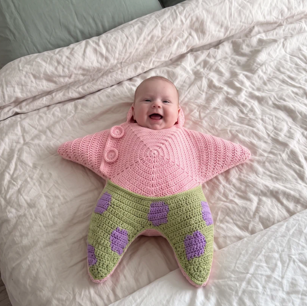 Baby lying on a bed wearing the Tiny Starlet Snuggle Star in Patrick, pink with green and purple spotted legs