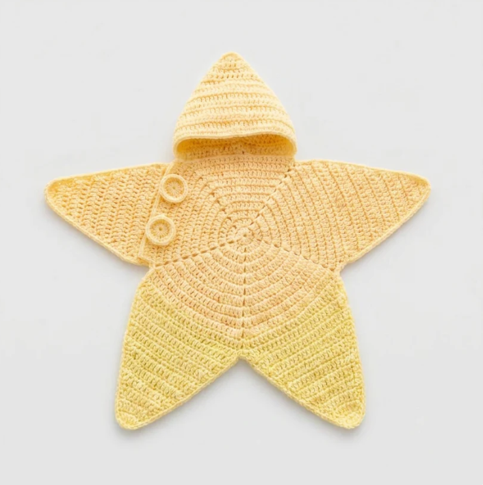 Tiny Starlet Snuggle Star in Sun Yellow - hooded crochet star baby outfit, laid flat