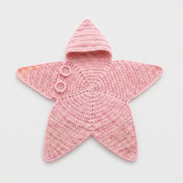 Tiny Starlet Snuggle Star in Pink Sugar - hooded crochet star baby outfit, laid flat